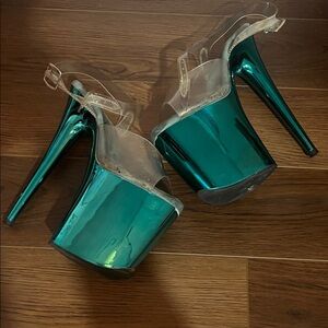 PLEASER Metallic Teal Heels 8” Size 9
